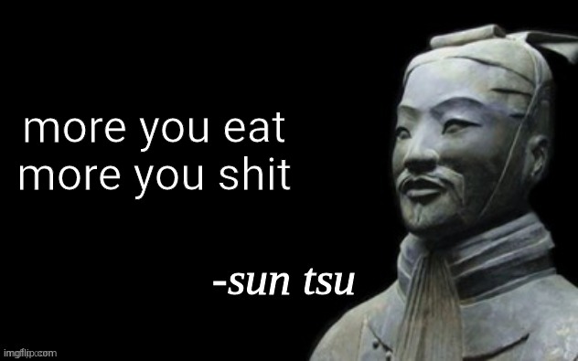 100% true |  more you eat more you shit | image tagged in sun tzu,poop jokes,true | made w/ Imgflip meme maker