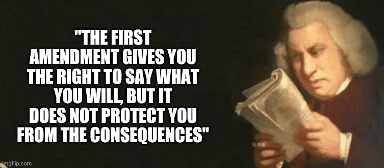 The Constitution Has Consequences | "THE FIRST AMENDMENT GIVES YOU THE RIGHT TO SAY WHAT YOU WILL, BUT IT DOES NOT PROTECT YOU FROM THE CONSEQUENCES" | image tagged in constitution check,constitution,trump lies,consequences,freedom of speech,memes | made w/ Imgflip meme maker