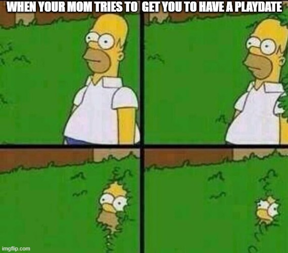 Homer Simpson in Bush - Large | WHEN YOUR MOM TRIES TO  GET YOU TO HAVE A PLAYDATE | image tagged in homer simpson in bush - large | made w/ Imgflip meme maker