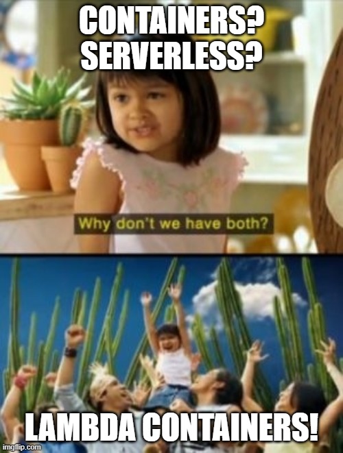 Why Not Both Meme | CONTAINERS? SERVERLESS? LAMBDA CONTAINERS! | image tagged in memes,why not both | made w/ Imgflip meme maker
