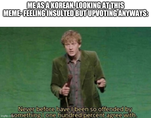 Never before have I been so offended by something | ME AS A KOREAN, LOOKING AT THIS MEME- FEELING INSULTED BUT UPVOTING ANYWAYS: | image tagged in never before have i been so offended by something | made w/ Imgflip meme maker