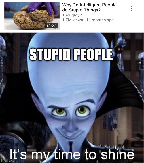 Megamind “It’s My Time To Shine” | STUPID PEOPLE | image tagged in megamind it s my time to shine,stupid people,memes,funny,stop reading the tags and enjoy your day | made w/ Imgflip meme maker