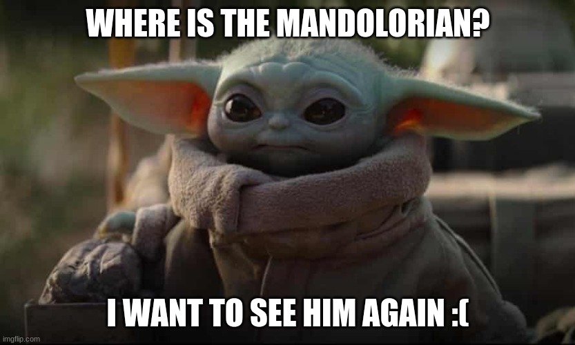 Baby Yoda :D | WHERE IS THE MANDOLORIAN? I WANT TO SEE HIM AGAIN :( | image tagged in baby yoda,mandolorian | made w/ Imgflip meme maker