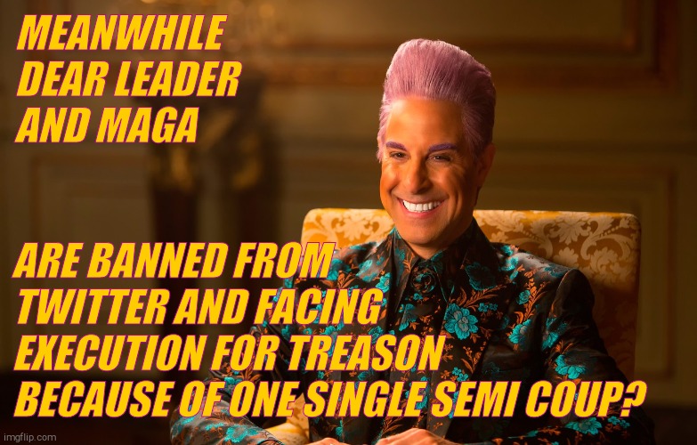 Caesar Fl | MEANWHILE DEAR LEADER AND MAGA ARE BANNED FROM TWITTER AND FACING     EXECUTION FOR TREASON BECAUSE OF ONE SINGLE SEMI COUP? | image tagged in caesar fl | made w/ Imgflip meme maker