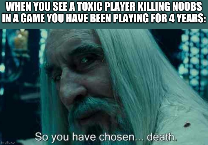 So you have chosen death | WHEN YOU SEE A TOXIC PLAYER KILLING NOOBS IN A GAME YOU HAVE BEEN PLAYING FOR 4 YEARS: | image tagged in so you have chosen death | made w/ Imgflip meme maker
