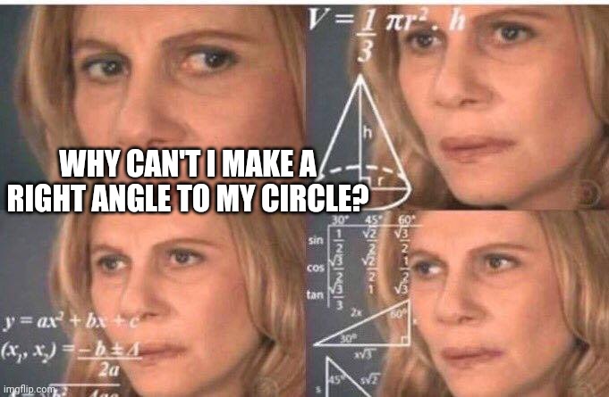 I'm so bad at maths | WHY CAN'T I MAKE A RIGHT ANGLE TO MY CIRCLE? | image tagged in math lady/confused lady,maths,circle | made w/ Imgflip meme maker
