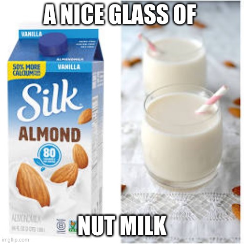 nut milk | A NICE GLASS OF; NUT MILK | image tagged in almond milk,fun | made w/ Imgflip meme maker