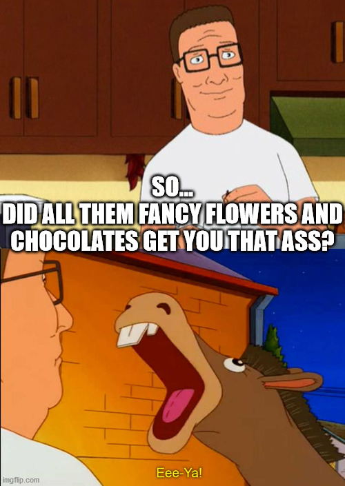 Ponderin's of an Ass (Valentine's day edition) | SO...
DID ALL THEM FANCY FLOWERS AND CHOCOLATES GET YOU THAT ASS? | image tagged in funny memes,hank hill,king of the hill,valentine's day,couples,jackass | made w/ Imgflip meme maker