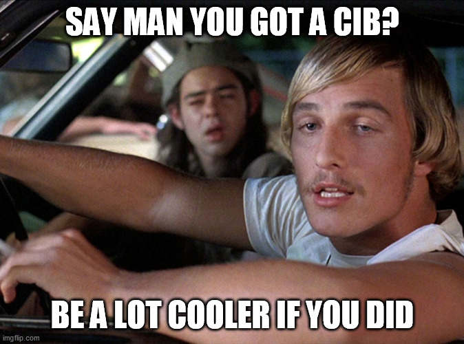 combat infantry badge | SAY MAN YOU GOT A CIB? BE A LOT COOLER IF YOU DID | image tagged in dazed confused wooderson | made w/ Imgflip meme maker