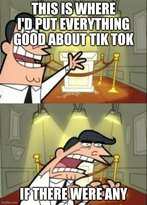i hate tik tok | THIS IS WHERE I'D PUT EVERYTHING GOOD ABOUT TIK TOK; IF THERE WERE ANY | image tagged in memes,this is where i'd put my trophy if i had one,tik tok,me,no,why are you reading this | made w/ Imgflip meme maker