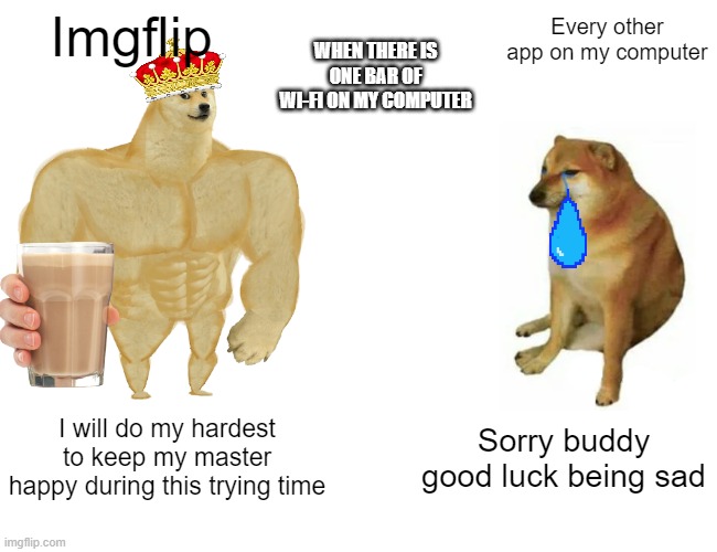 This is why I love this website so much | Imgflip; WHEN THERE IS ONE BAR OF WI-FI ON MY COMPUTER; Every other app on my computer; I will do my hardest to keep my master happy during this trying time; Sorry buddy good luck being sad | image tagged in memes,buff doge vs cheems | made w/ Imgflip meme maker