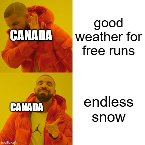 i just go to mane that USA state to free run | good weather for free runs; CANADA; endless snow; CANADA | image tagged in memes,drake hotline bling,free runs | made w/ Imgflip meme maker
