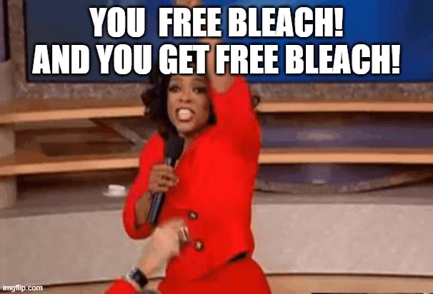 Oprah Giving Away Stuff | YOU  FREE BLEACH! AND YOU GET FREE BLEACH! | image tagged in oprah giving away stuff | made w/ Imgflip meme maker