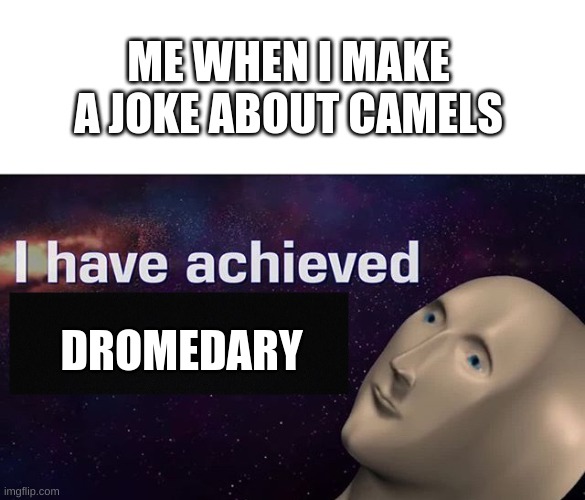 Ba dun dun chu |  ME WHEN I MAKE A JOKE ABOUT CAMELS; DROMEDARY | image tagged in i have achieved comedy,egypt,camel,meme man,bad pun,bad puns | made w/ Imgflip meme maker