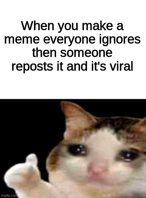 Not sure is this is a repost... | When you make a meme everyone ignores then someone reposts it and it's viral | image tagged in sad cat thumbs up white spacing | made w/ Imgflip meme maker