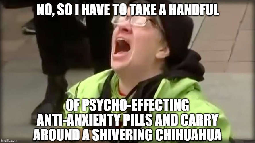 Trump SJW No | NO, SO I HAVE TO TAKE A HANDFUL OF PSYCHO-EFFECTING ANTI-ANXIENTY PILLS AND CARRY AROUND A SHIVERING CHIHUAHUA | image tagged in trump sjw no | made w/ Imgflip meme maker