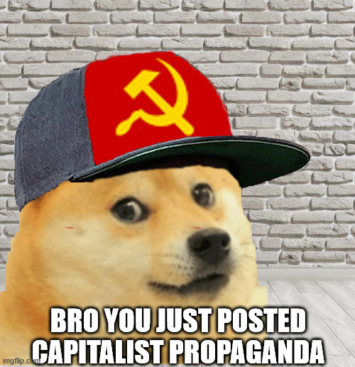Communist doge says don't be suckered by the capitalist propaganda | BRO YOU JUST POSTED CAPITALIST PROPAGANDA | image tagged in communism | made w/ Imgflip meme maker