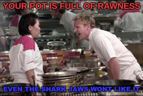 Jaws: "No" | YOUR POT IS FULL OF RAWNESS; EVEN THE SHARK JAWS WONT LIKE IT | image tagged in memes,angry chef gordon ramsay | made w/ Imgflip meme maker