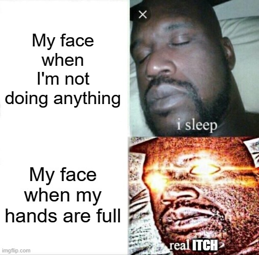Does this happen to anyone else? | My face when I'm not doing anything; My face when my hands are full; ITCH | image tagged in memes,sleeping shaq | made w/ Imgflip meme maker