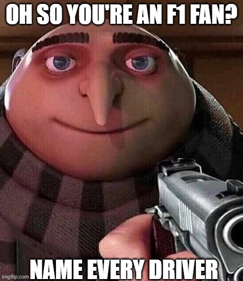 Gru pointing gun | OH SO YOU'RE AN F1 FAN? NAME EVERY DRIVER | image tagged in gru pointing gun | made w/ Imgflip meme maker