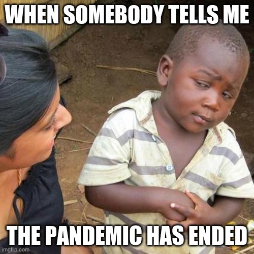 Bored out of my mind rn | WHEN SOMEBODY TELLS ME; THE PANDEMIC HAS ENDED | image tagged in memes,third world skeptical kid | made w/ Imgflip meme maker