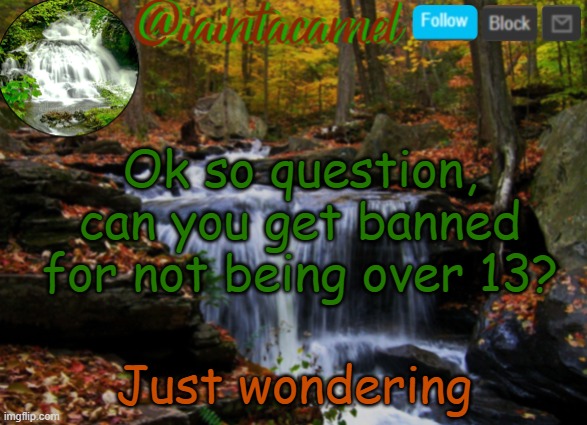 iaintacamel | Ok so question, can you get banned for not being over 13? Just wondering | image tagged in iaintacamel | made w/ Imgflip meme maker