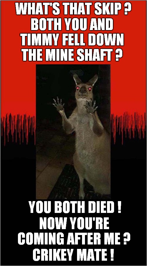 Skippy, The Zombie Kangaroo ! | WHAT'S THAT SKIP ? BOTH YOU AND TIMMY FELL DOWN THE MINE SHAFT ? YOU BOTH DIED ! NOW YOU'RE COMING AFTER ME ? CRIKEY MATE ! | image tagged in fun,skippy,zombies,kangaroo,dark humour | made w/ Imgflip meme maker