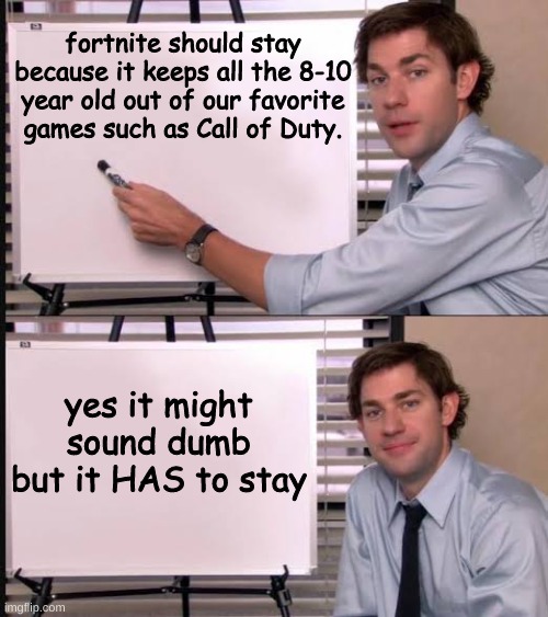 crossing my fingers that it stays for a while | fortnite should stay because it keeps all the 8-10 year old out of our favorite games such as Call of Duty. yes it might sound dumb but it HAS to stay | image tagged in jim pointing to the whiteboard | made w/ Imgflip meme maker