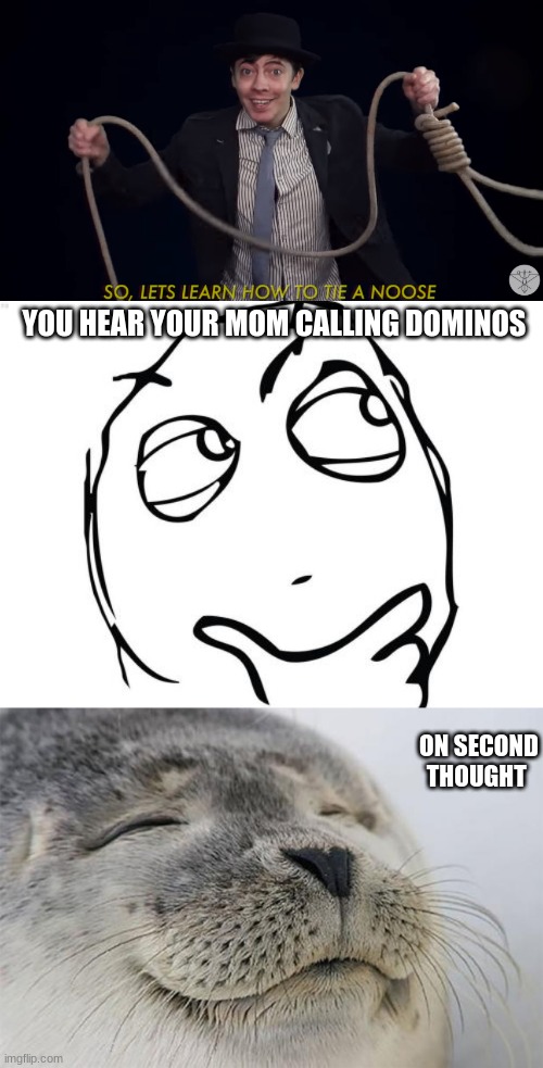 ... | YOU HEAR YOUR MOM CALLING DOMINOS; ON SECOND THOUGHT | image tagged in lets learn how to tie a noose,memes,question rage face,satisfied seal | made w/ Imgflip meme maker