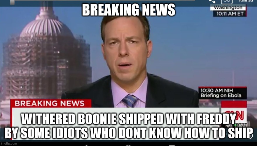 BREAKING NEWS IDIOTS ARE IDIOTS | BREAKING NEWS; WITHERED BOONIE SHIPPED WITH FREDDY BY SOME IDIOTS WHO DONT KNOW HOW TO SHIP | image tagged in cnn breaking news template | made w/ Imgflip meme maker