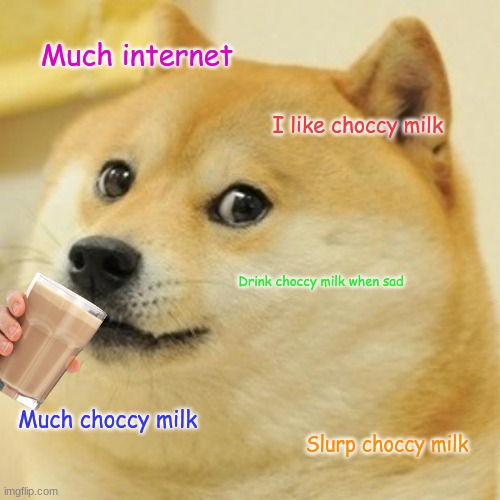 Doge Meme | Much internet; I like choccy milk; Drink choccy milk when sad; Much choccy milk; Slurp choccy milk | image tagged in memes,doge | made w/ Imgflip meme maker