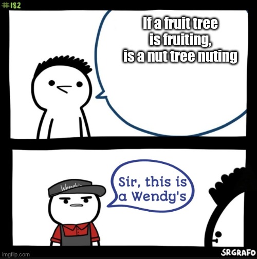 Cursed ideas | If a fruit tree is fruiting, is a nut tree nuting | image tagged in sir this is a wendys | made w/ Imgflip meme maker