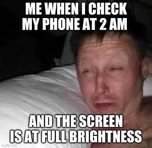 Sleepy guy | ME WHEN I CHECK MY PHONE AT 2 AM; AND THE SCREEN IS AT FULL BRIGHTNESS | image tagged in sleepy guy | made w/ Imgflip meme maker