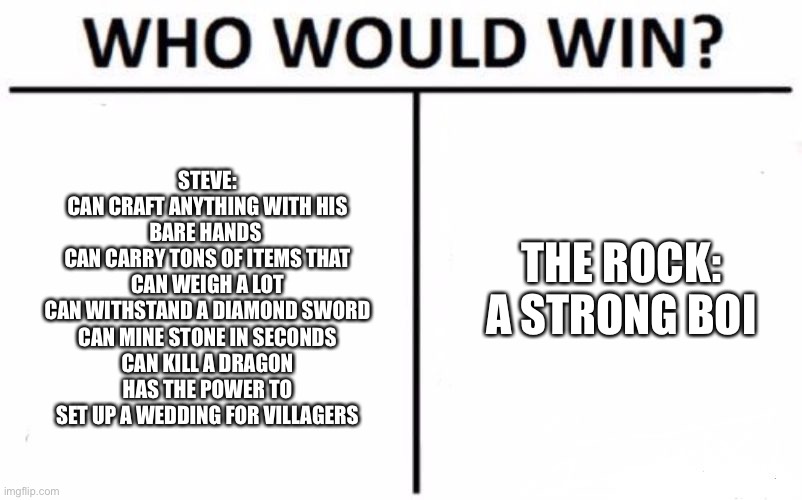 Who Would Win? Meme | STEVE:
CAN CRAFT ANYTHING WITH HIS BARE HANDS 
CAN CARRY TONS OF ITEMS THAT CAN WEIGH A LOT
CAN WITHSTAND A DIAMOND SWORD
CAN MINE STONE IN  | image tagged in memes,who would win | made w/ Imgflip meme maker