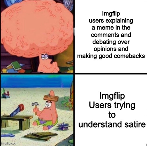 this goes for most of ye | Imgflip users explaining a meme in the comments and debating over opinions and making good comebacks; Imgflip Users trying to understand satire | image tagged in patrick big brain | made w/ Imgflip meme maker
