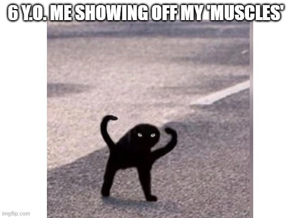 6 y.o. me | 6 Y.O. ME SHOWING OFF MY 'MUSCLES' | image tagged in muscles,cursed cat,funny,memes | made w/ Imgflip meme maker