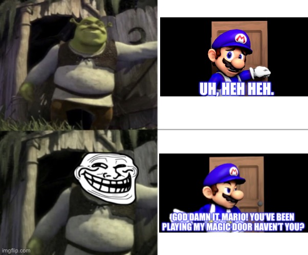Shrek trolled SMG4 with his magic door | image tagged in trolled shrek face swap,smg4,memes,trolling | made w/ Imgflip meme maker