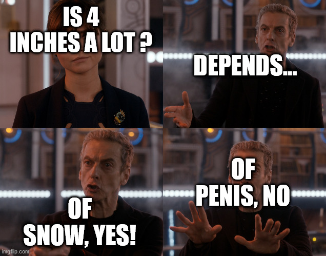 Depends on the context | IS 4 INCHES A LOT ? DEPENDS... OF PENIS, NO; OF SNOW, YES! | image tagged in depends on the context | made w/ Imgflip meme maker