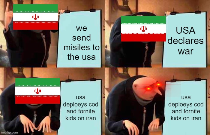iran youre so dead | USA declares war; we send misiles to the usa; usa deploeys cod and fornite kids on iran; usa deploeys cod and fornite kids on iran | image tagged in memes,gru's plan,ww3,iran,fortnite,cod | made w/ Imgflip meme maker