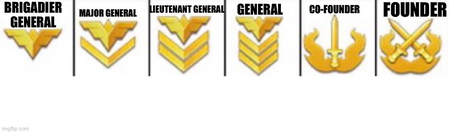 New High Command Icons. More to be added. | BRIGADIER GENERAL; MAJOR GENERAL; LIEUTENANT GENERAL; GENERAL; CO-FOUNDER; FOUNDER | made w/ Imgflip meme maker