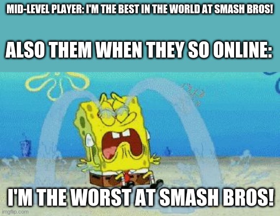 Anyone else feel this way until that happened? | MID-LEVEL PLAYER: I'M THE BEST IN THE WORLD AT SMASH BROS! ALSO THEM WHEN THEY SO ONLINE:; I'M THE WORST AT SMASH BROS! | image tagged in cryin,super smash bros,online gaming | made w/ Imgflip meme maker