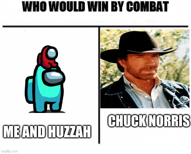 put the fight in the comments bellow | ME AND HUZZAH; CHUCK NORRIS | image tagged in who would win by combat | made w/ Imgflip meme maker