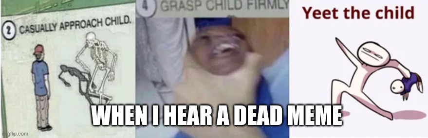 Casually Approach Child, Grasp Child Firmly, Yeet the Child | WHEN I HEAR A DEAD MEME | image tagged in casually approach child grasp child firmly yeet the child | made w/ Imgflip meme maker