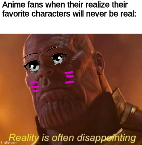 Reality is often disappointing | Anime fans when their realize their 
favorite characters will never be real: | image tagged in reality is often disappointing | made w/ Imgflip meme maker