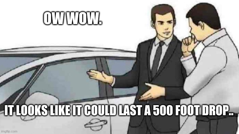 Sarcasm is real | OW WOW. IT LOOKS LIKE IT COULD LAST A 500 FOOT DROP.. | image tagged in memes,car salesman slaps roof of car,sarcasm | made w/ Imgflip meme maker