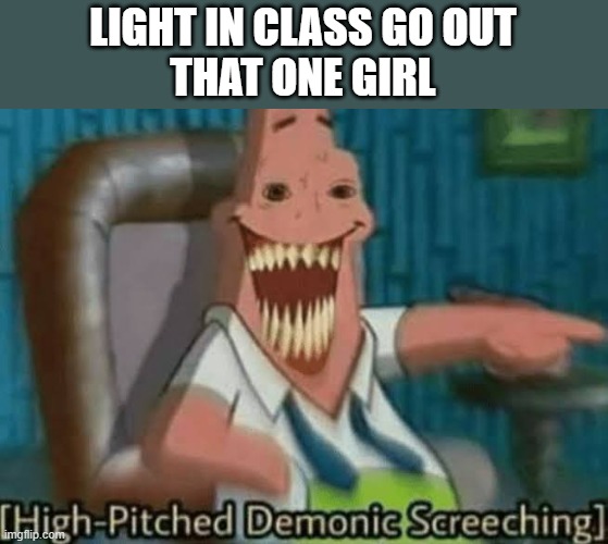 That one girl | LIGHT IN CLASS GO OUT
THAT ONE GIRL | image tagged in high-pitched demonic screeching | made w/ Imgflip meme maker