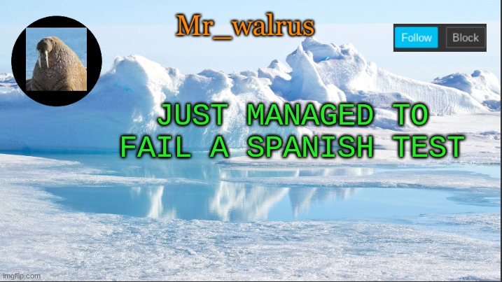 Mr_walrus | JUST MANAGED TO FAIL A SPANISH TEST | image tagged in mr_walrus | made w/ Imgflip meme maker