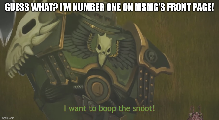 I want to boop the snoot! | GUESS WHAT? I’M NUMBER ONE ON MSMG’S FRONT PAGE! | image tagged in i want to boop the snoot | made w/ Imgflip meme maker