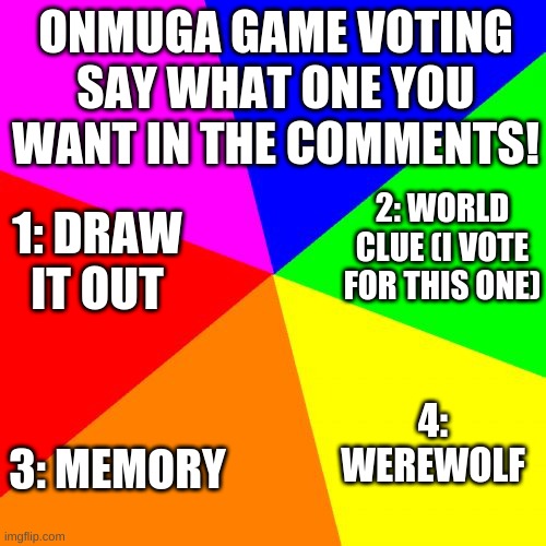 Onmuga game voting | ONMUGA GAME VOTING
SAY WHAT ONE YOU WANT IN THE COMMENTS! 1: DRAW IT OUT; 2: WORLD CLUE (I VOTE FOR THIS ONE); 4: WEREWOLF; 3: MEMORY | made w/ Imgflip meme maker