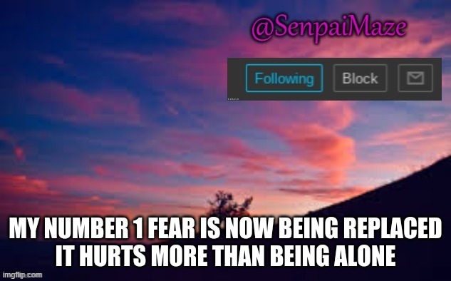 sunset | MY NUMBER 1 FEAR IS NOW BEING REPLACED
IT HURTS MORE THAN BEING ALONE | image tagged in sunset | made w/ Imgflip meme maker